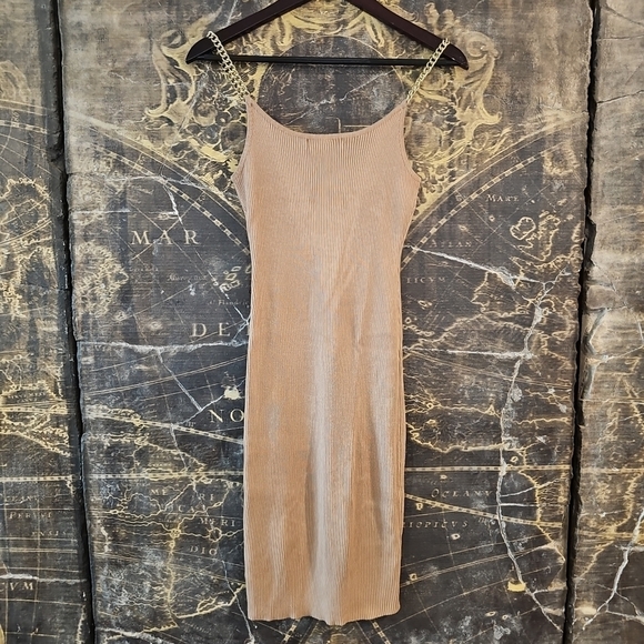 Almost Famous Tan BodyCon Dress With Gold Chain Straps Size M - Picture 5 of 5